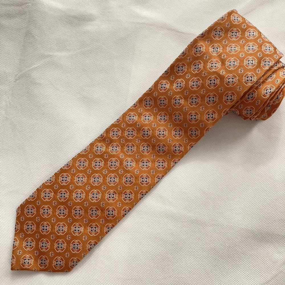 Jos A Bank Signature Gold Tie 100% Silk Orange Geometric Patterned Jacquard